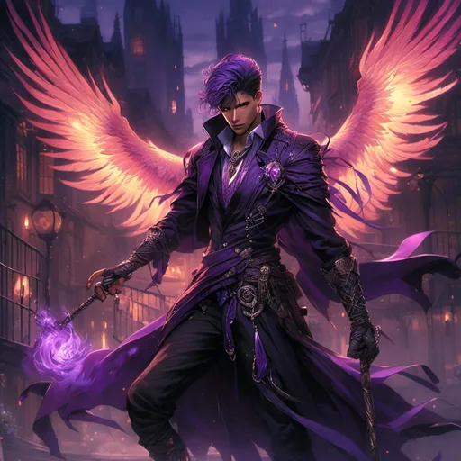 Prompt: <mymodel> handsome male warlock with purple flame magic. Purple Phoenix is on a magic staff.