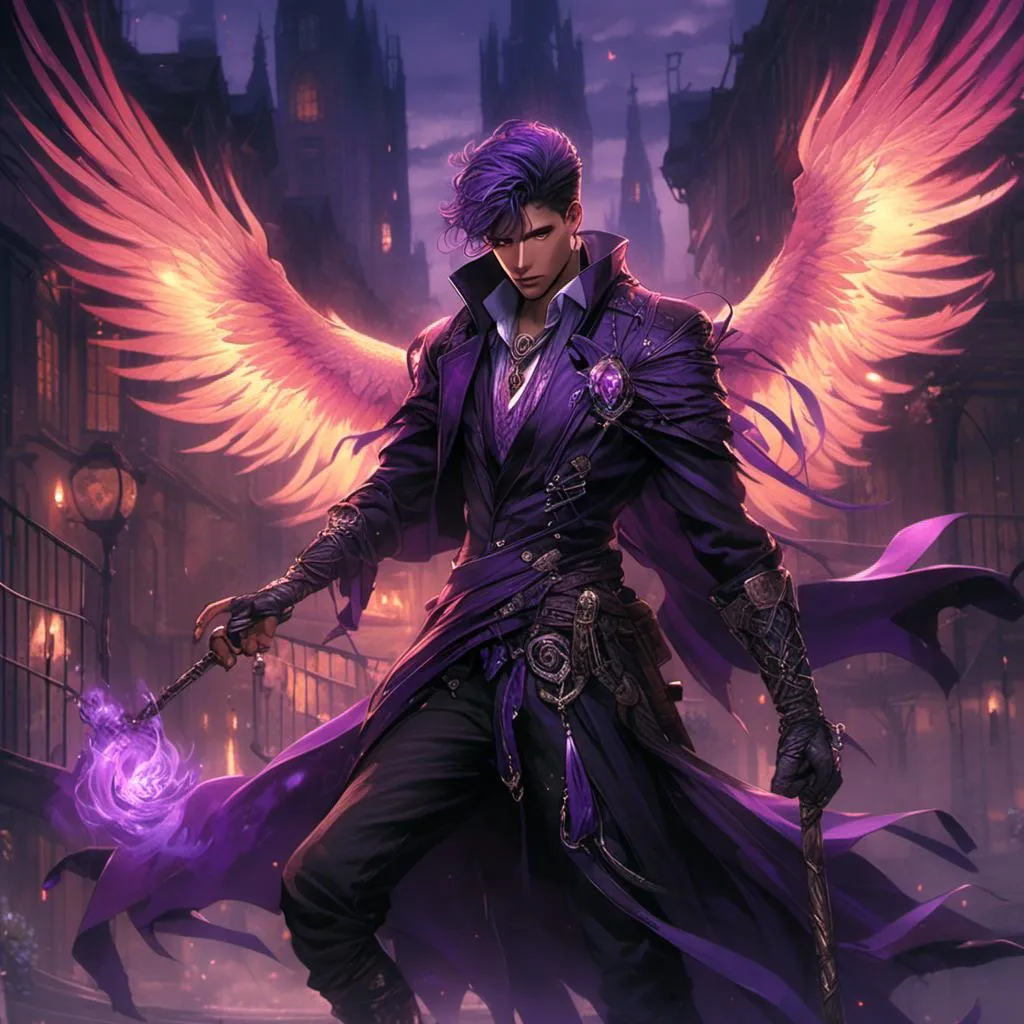 Prompt: <mymodel> handsome male warlock with purple flame magic. Purple Phoenix is on a magic staff.