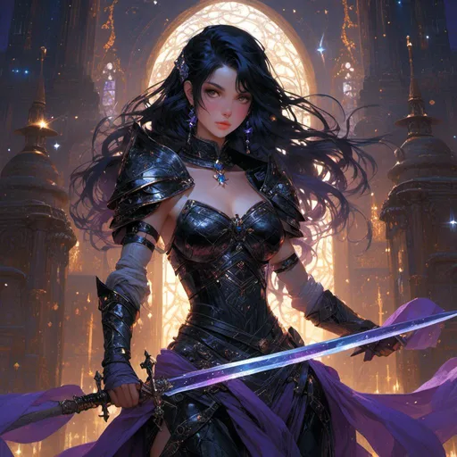 Prompt: <mymodel> beautiful purple-eyed black- haired paladin female with a sword with briars wrapped around it in her hands in a temple under a starry night