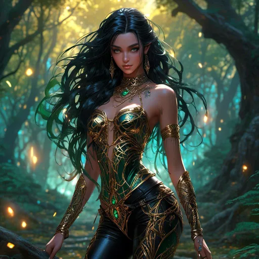 Prompt: <mymodel>A beautiful (light brown skin elf) with long (greenish black hair) shaved on the side, golden eyes, full shoulder and body (gold ink tattoo), wearing black leather pants and high heels, fantasy character, vibrant colors, dramatic lighting, ethereal atmosphere, highly detailed, mystical forest background, high quality, ultra-detailed, 4K.