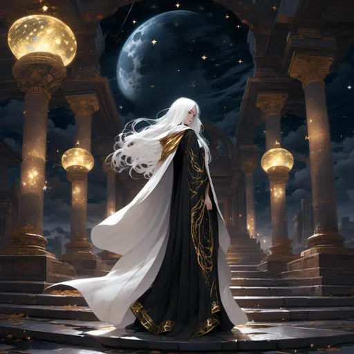 Prompt: <mymodel> beautiful greek white haired saintess wearing a black and gold hooded cloak covering her eyes wearing a flowing white, black and gold gown. In a temple under a starry night