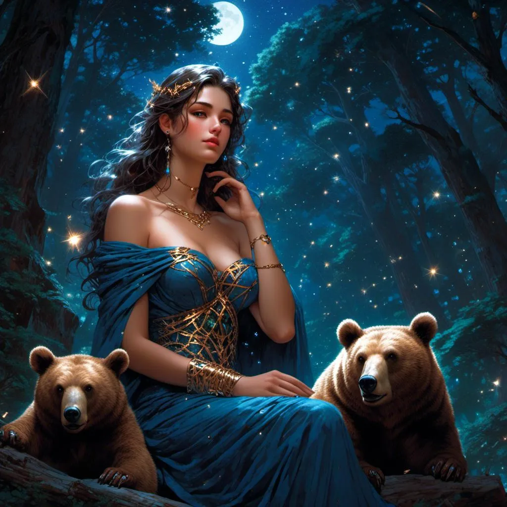 Prompt: <mymodel> beautiful greek goddess of bears in the woods underneath the starry skies.