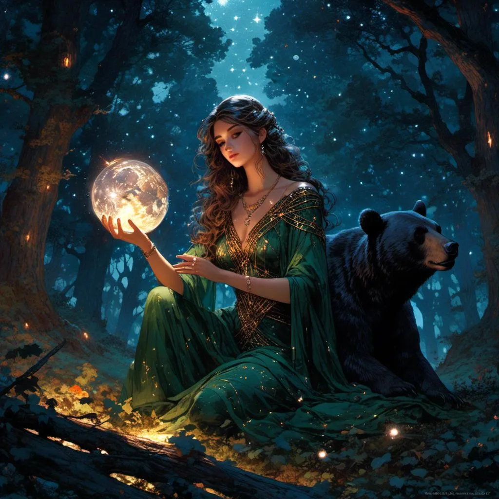 Prompt: <mymodel> Greek goddess of bears in the woods underneath the starry skies.