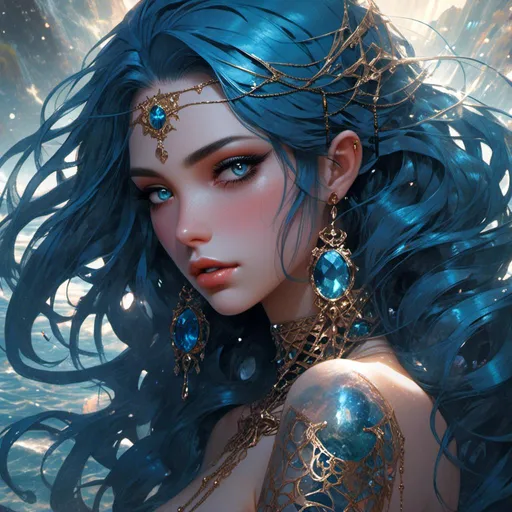 Prompt: <mymodel> beautiful mermaid with long midnight blue hair and golden eyes with slits and a gemstone in the middle of her forehead. Full shoulder tattoos.