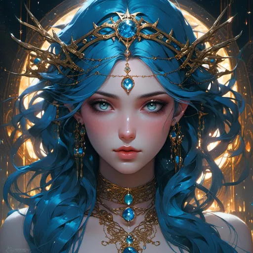 Prompt: <mymodel> beautiful water nymph with long midnight blue hair and golden eyes with slits and a gemstone in the middle of her forehead. Full shoulder tattoos.