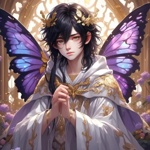 Prompt: <mymodel>Beautiful boy with long black hair, 13 years old, butterfly wings, heterochromia purple eyes, silver and white magical robe, gold butterfly throne, high quality, detailed, anime style, fantasy, magical color tones, ethereal lighting