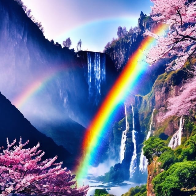 Prompt: Magical waterfall in the sky, mountains, rainbow, roses, Sakura trees, mist