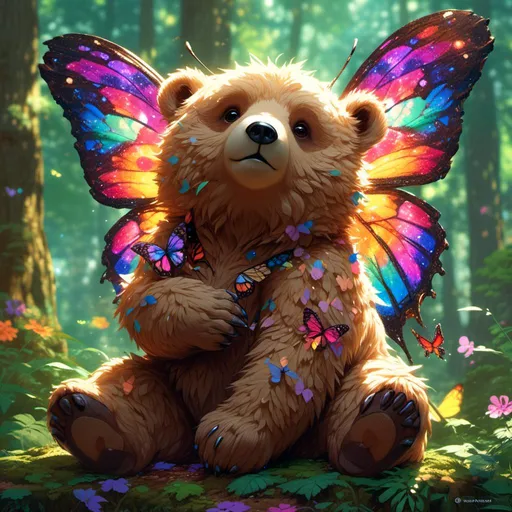 Prompt: <mymodel>(adorable anime bear cub), (back view), playfully pawing at a colorful butterfly, soft and fluffy fur with vibrant shades of brown, set against a lush green forest backdrop, delicate sunlight filtering through the trees, cheerful and whimsical atmosphere, highly detailed and charming, HD quality, warm and inviting colors, emphasis on innocence and playfulness.