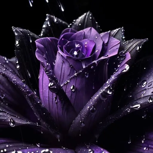 Prompt: Macro photograph of a purple flower with water droplets, gothic art, dark background with light raindrops, Dirk Crabeth, highres, detailed, gothic, macro, purple petals, water droplets, atmospheric lighting, rain, professional, intense colors, detailed texture