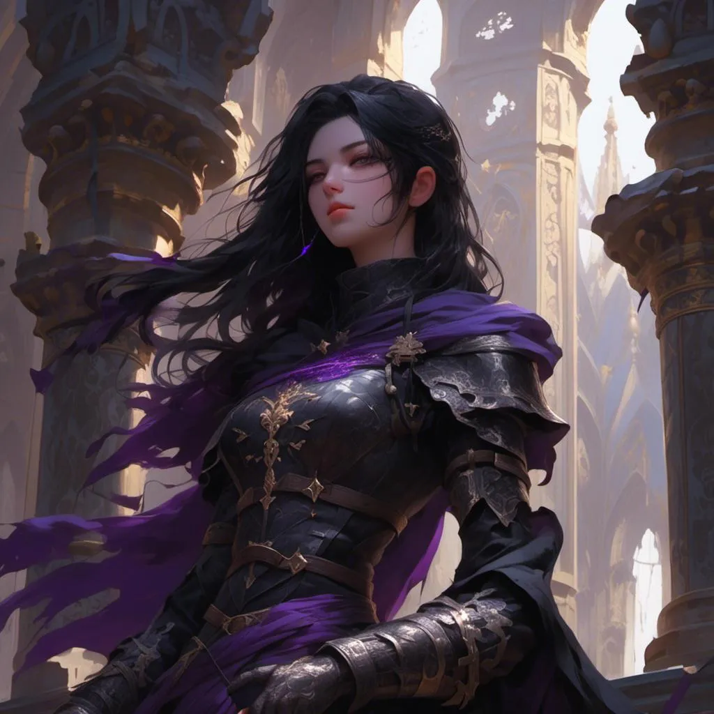 Prompt:  <mymodel> beautiful black hair knight female with dark purple eyes. Kneeling at a temple