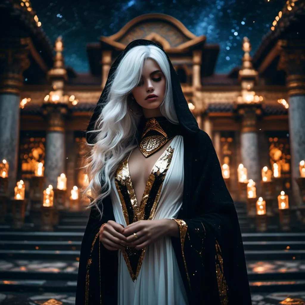 Prompt: <mymodel> beautiful greek white haired saintess wearing a black and gold hooded cloak covering her eyes wearing a flowing white, black and gold gown. In a temple under a starry night