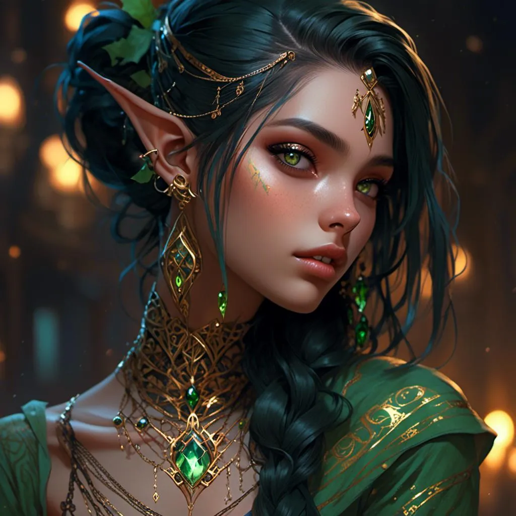 Prompt: <mymodel> beautiful light brown skin elf with long greenish black hair shaved on the side and golden eyes. full shoulder and stomach gold ink tattoo.