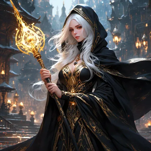 Prompt: <mymodel> beautiful white haired saintess wearing a black and gold hooded cloak covering upper half of her face wearing a flowing white, black and gold gown. She is holding a divine staff