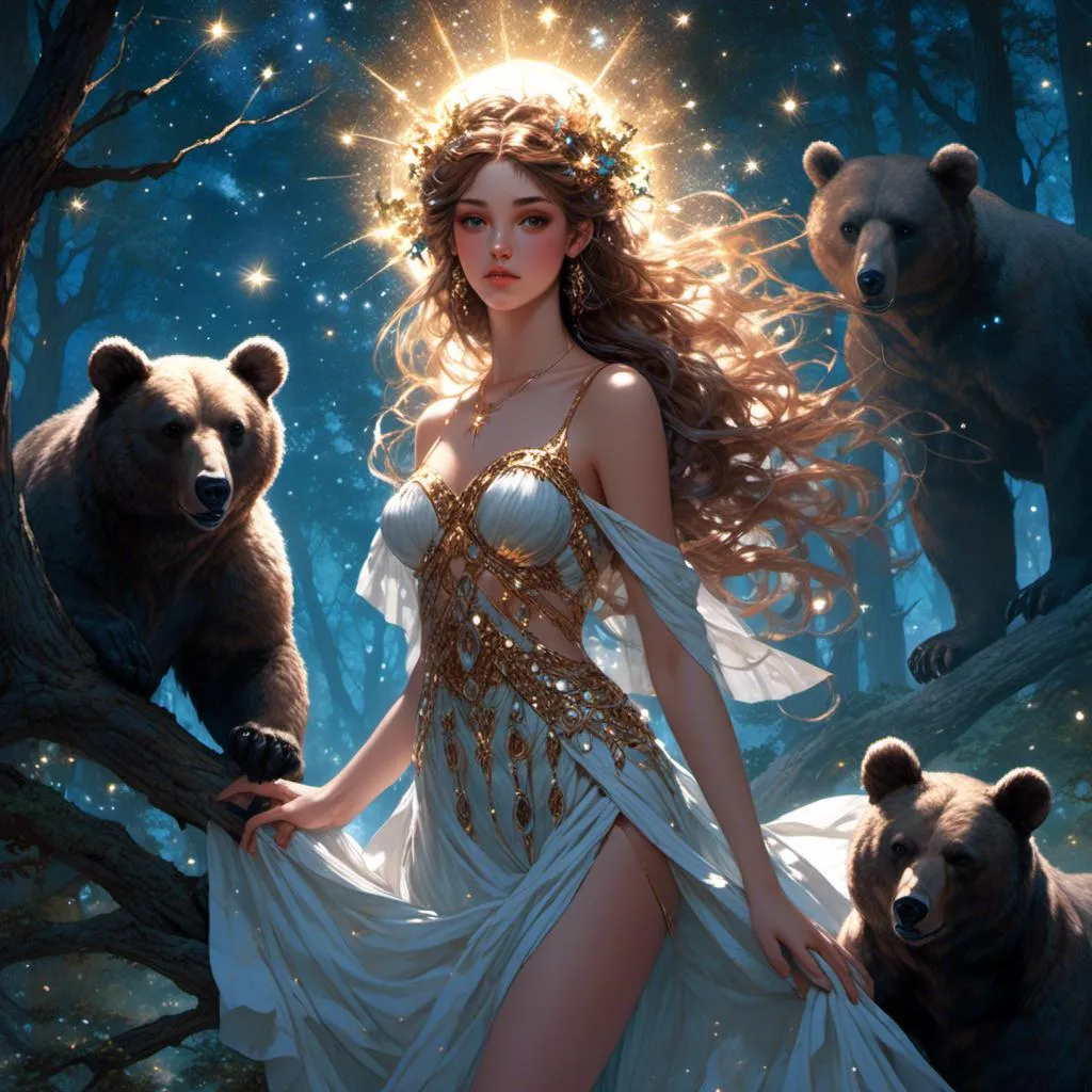 Prompt: <mymodel> beautiful greek goddess of bears in the woods underneath the starry skies.