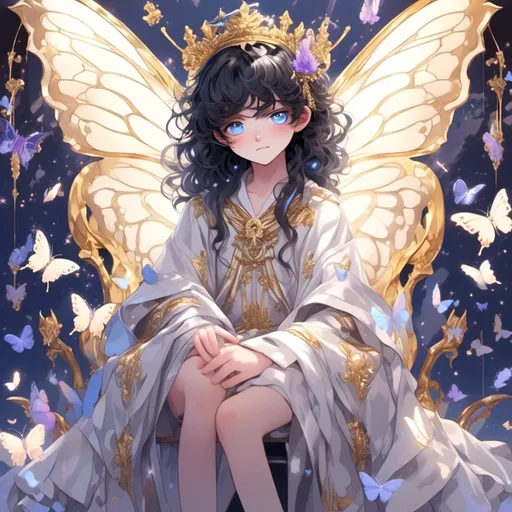 Prompt: <mymodel>Long black curly hair, 13 years old, pretty boy, heterochromia purple and blue eyes, butterfly wings, silver and white magical robe, gold butterfly throne, high quality, detailed, fantasy, anime style, magical color tones, ethereal lighting. Clear