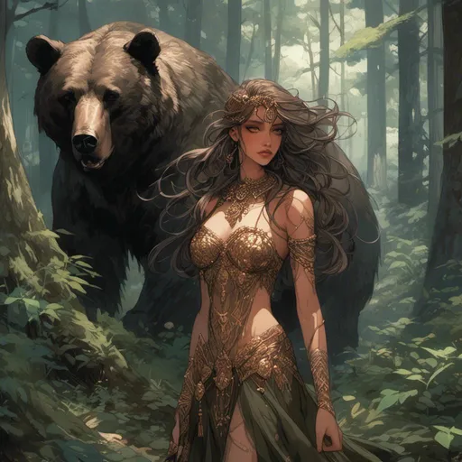 Prompt: <mymodel> Greek goddess of bears in the woods