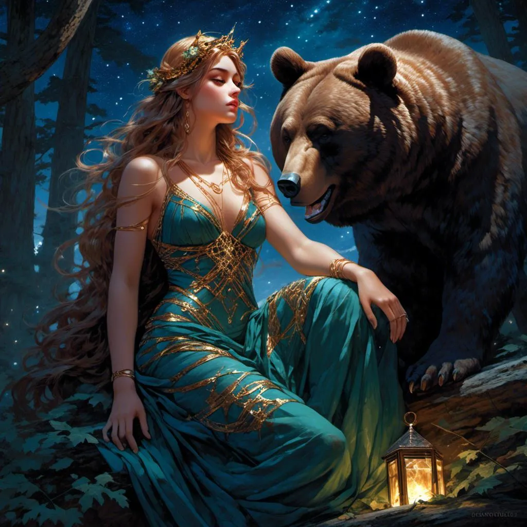 Prompt: <mymodel> beautiful greek goddess of bears in the woods underneath the starry skies.