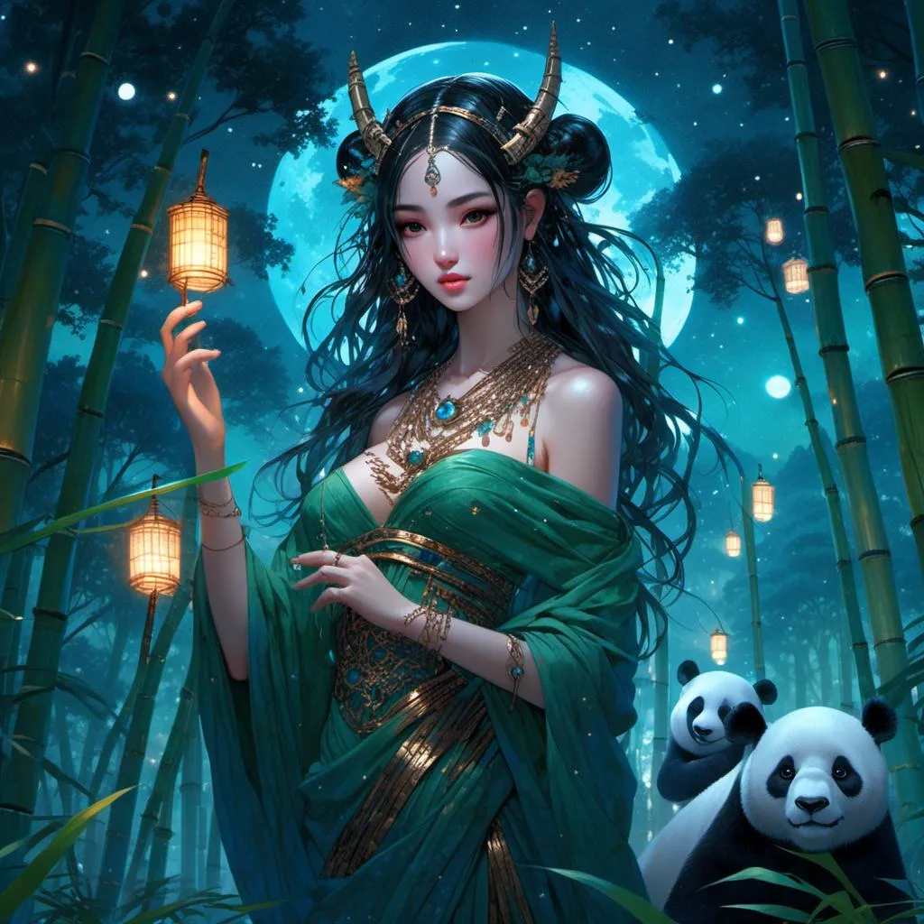 Prompt: <mymodel> beautiful greek goddess of pandas in the bamboo grove underneath the starry skies.