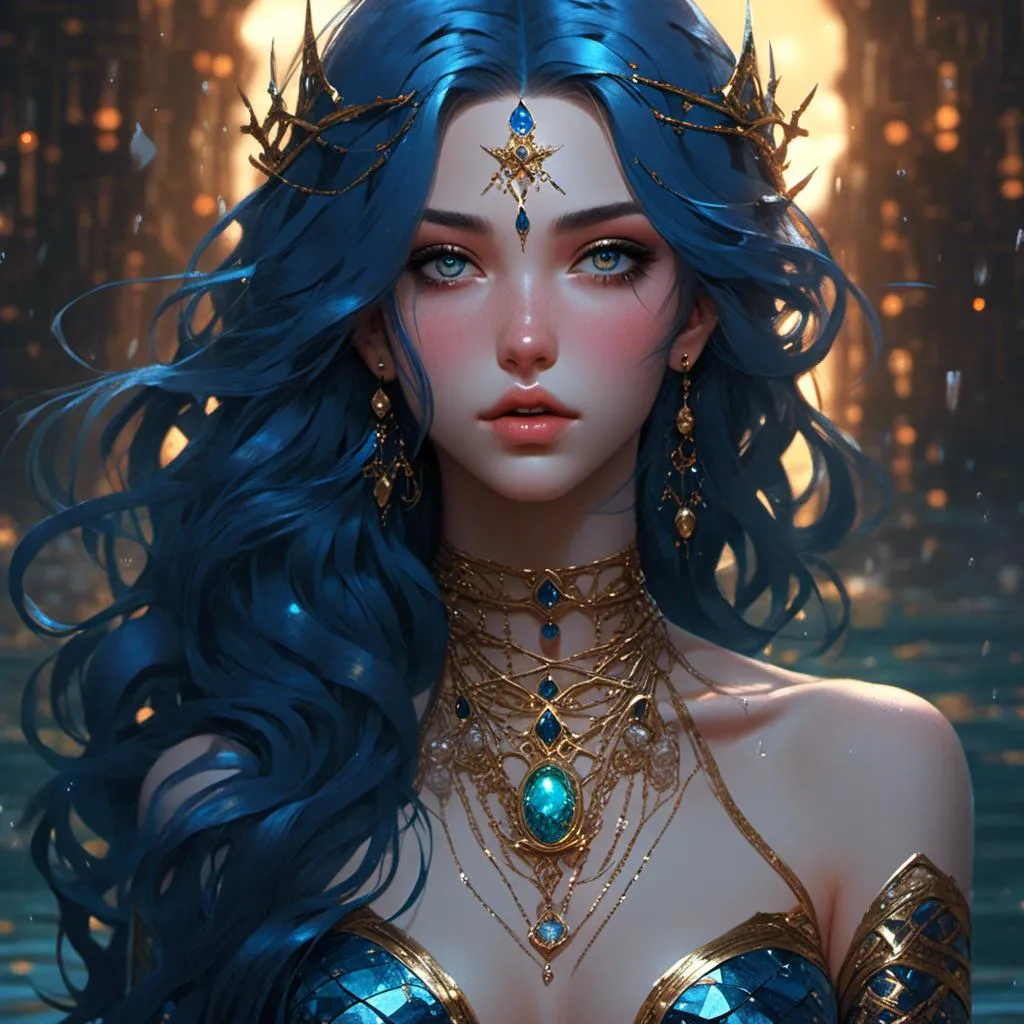 Prompt: <mymodel> beautiful mermaid with long midnight blue hair and golden eyes with slits and a gemstone in the middle of her forehead. Full shoulder tattoos.