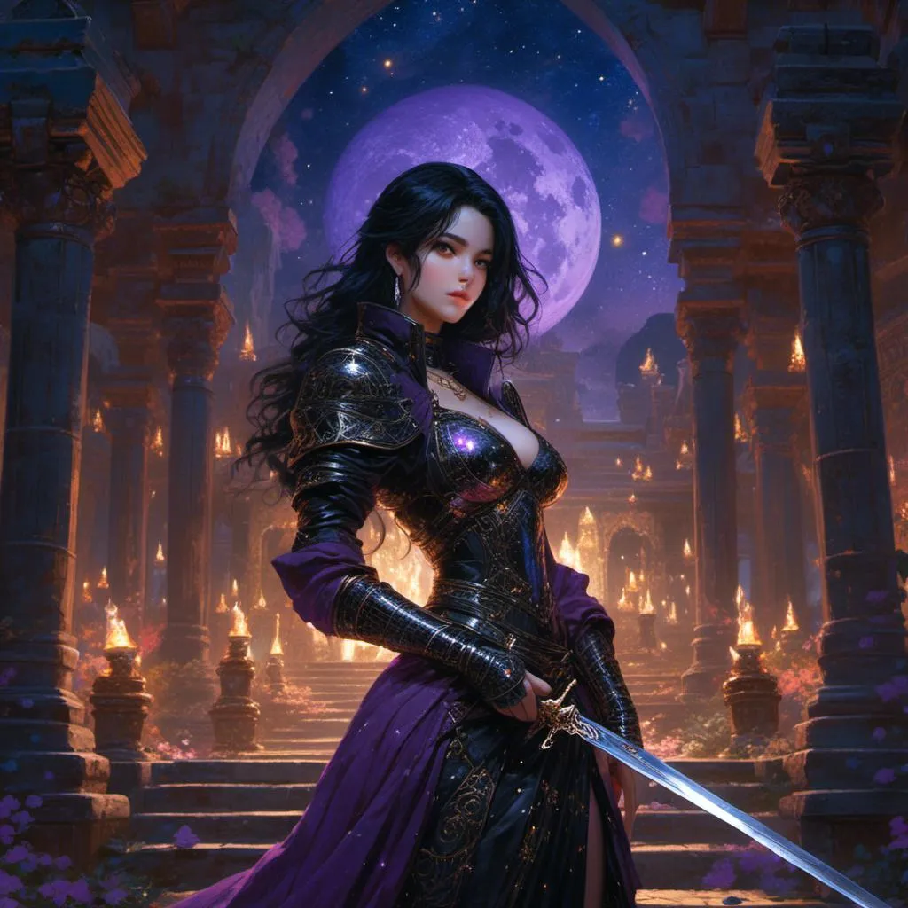 Prompt: <mymodel> beautiful purple-eyed black- haired paladin female with a longsword in her hands in a temple under a starry night