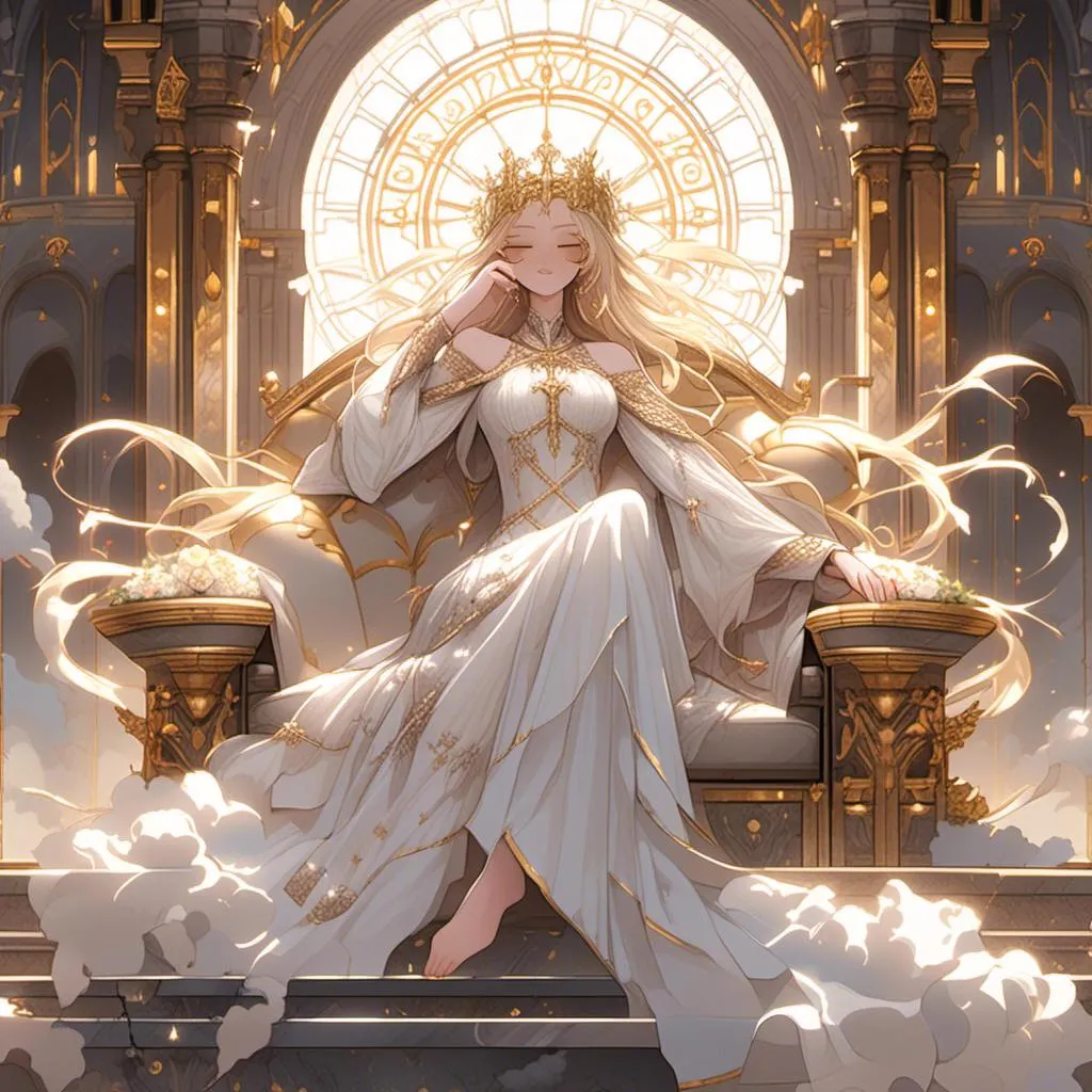 Prompt: <mymodel>Beautiful (golden-haired goddess) on a heavenly throne, wearing a silver and white flowing gown adorned with intricate designs, glowing aura surrounding her, ethereal setting, soft and warm light, heavenly rays shining down, golden hues dominating the palette, serene and divine atmosphere, celestial clouds in the background, grand majestic throne made of white marble with gold accents, ultra-detailed, 4K, high quality.