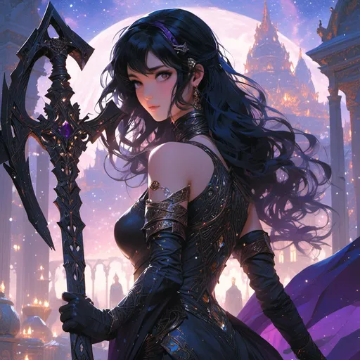 Prompt: <mymodel> beautiful purple-eyed black- haired paladin female holding a war axe resting over her shoulder in a temple under a starry night