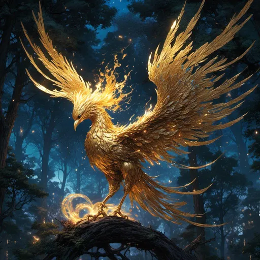 Prompt: <mymodel> beautiful, majestic golden phoenix in the night sky flying pass forests