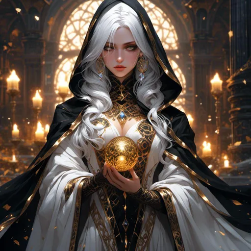 Prompt: <mymodel> beautiful white haired greek saintess wearing a black and gold hooded cloak covering upper half of her face wearing a flowing white, black and gold gown. 