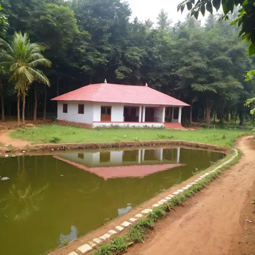 Prompt: A gurukul in forest with organic farming , pond, cottage