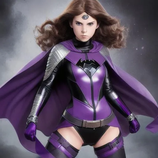 Prompt: teenage girl superhero with brown hair and gray eyes, black latex suit with dark purple trim. Purple cape, knee-high black boots, silver belt, holding blue fire with hands, 3D, fantasy, fine-tuned, intricately detailed, detailed face, realistic, movie poster