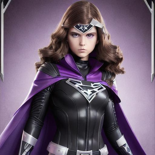 Prompt: teenage girl superhero with brown hair and gray eyes, black latex suit with dark purple trim. Purple cape, knee-high black boots, silver belt, holding blue fire with hands, 3D, fantasy, fine-tuned, intricately detailed, detailed face, realistic, movie poster