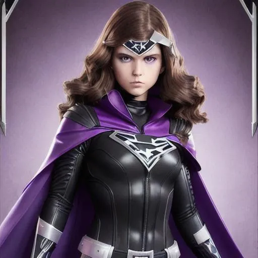 Prompt: teenage girl superhero with brown hair and gray eyes, black latex suit with dark purple trim. Purple cape, knee-high black boots, silver belt, holding blue fire with hands, 3D, fantasy, fine-tuned, intricately detailed, detailed face, realistic, movie poster