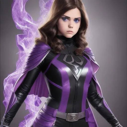 Prompt: teenage girl superhero with brown hair and gray eyes, black latex suit with dark purple trim. Purple cape, knee-high black boots, silver belt, holding blue fire with hands, 3D, fantasy, fine-tuned, intricately detailed, detailed face, realistic, movie poster