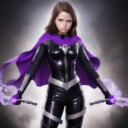 Prompt: teenage girl superhero with brown hair and gray eyes, black latex suit with dark purple trim. Purple cape, knee-high black boots, silver belt, holding blue fire with hands, 3D, fantasy, fine-tuned, intricately detailed, detailed face, realistic, movie poster