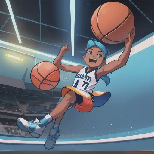 Prompt: "Create an artwork depicting a basketball player in the future winning the championship. Imagine a dynamic and futuristic basketball court with vibrant lighting and advanced technology. The player should be portrayed in an awe-inspiring moment of victory, displaying remarkable skill, agility, and determination. Incorporate elements that symbolize the future, such as holographic displays, floating basketballs, or futuristic sports attire. Use bold colors and energetic brushstrokes to convey the excitement and intensity of the championship moment. Let your imagination soar and bring this futuristic basketball triumph to life through your AI-generated artwork."