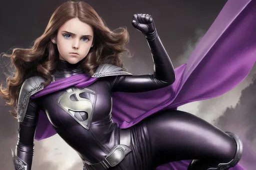 Prompt: teenage girl superhero with brown hair and gray eyes, black latex suit with dark purple trim. Purple cape, knee-high black boots, silver belt, holding blue fire with hands, 3D, fantasy, fine-tuned, intricately detailed, detailed face, realistic, movie poster