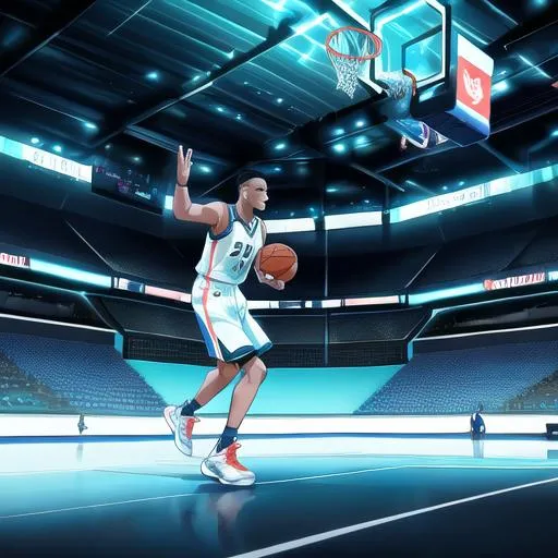 Prompt: "Create an artwork depicting a basketball player in the future winning the championship. Imagine a dynamic and futuristic basketball court with vibrant lighting and advanced technology. The player should be portrayed in an awe-inspiring moment of victory, displaying remarkable skill, agility, and determination. Incorporate elements that symbolize the future, such as holographic displays, floating basketballs, or futuristic sports attire. Use bold colors and energetic brushstrokes to convey the excitement and intensity of the championship moment. Let your imagination soar and bring this futuristic basketball triumph to life through your AI-generated artwork."