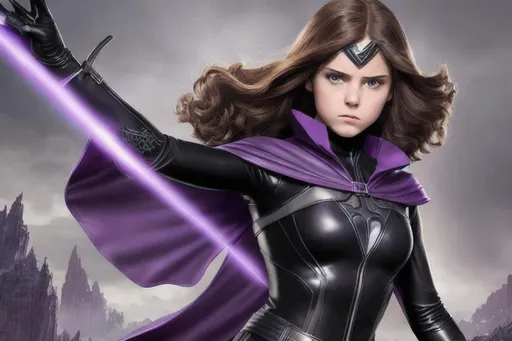 Prompt: teenage girl superhero with brown hair and gray eyes, black latex suit with dark purple trim. Purple cape, knee-high black boots, silver belt, holding blue fire with hands, 3D, fantasy, fine-tuned, intricately detailed, detailed face, realistic, movie poster