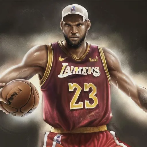 Prompt: Realistic digital painting of LeBron James, professional basketball player, intense expression, sweat glistening, NBA uniform, high quality, realistic, detailed, athletic, action, dynamic pose, intense lighting, vibrant colors, professional athlete, basketball, sportsmanship