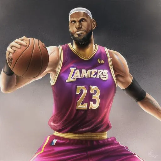Prompt: Realistic digital painting of LeBron James, professional basketball player, intense expression, sweat glistening, NBA uniform, high quality, realistic, detailed, athletic, action, dynamic pose, intense lighting, vibrant colors, professional athlete, basketball, sportsmanship
