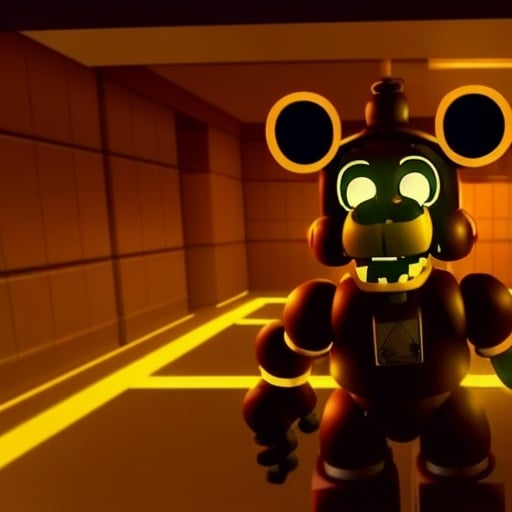 Prompt: An establishing shot of fnaf head in a dark mechanic Several mechanics in  suits and black helmets are repairing the fnaf  head. There is  sreen game