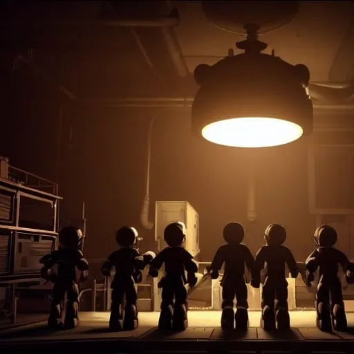 Prompt: An establishing shot of fnaf head in a dark mechanic Several mechanics in  suits and black helmets are repairing the fnaf  head. There is  sreen game