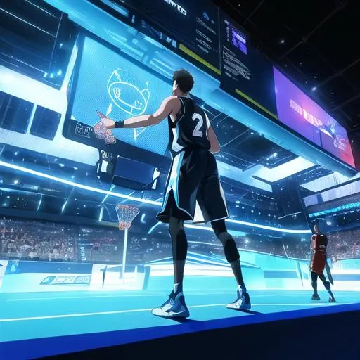 Prompt: "Create an artwork depicting a basketball player in the future winning the championship. Imagine a dynamic and futuristic basketball court with vibrant lighting and advanced technology. The player should be portrayed in an awe-inspiring moment of victory, displaying remarkable skill, agility, and determination. Incorporate elements that symbolize the future, such as holographic displays, floating basketballs, or futuristic sports attire. Use bold colors and energetic brushstrokes to convey the excitement and intensity of the championship moment. Let your imagination soar and bring this futuristic basketball triumph to life through your AI-generated artwork."