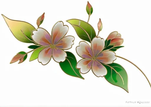 Prompt: Digital rendering of flowers blowing in the wind, cloisonnism, Arthur Quartley, white background, green leaves, delicate petals, gentle breeze, impressionist style, vibrant colors, high quality, detailed, serene atmosphere, soft lighting, cloisonnism, blowing flowers, digital art, gentle movement, delicate details