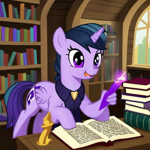 Prompt: Amethyst Freedom (Men) studying a magical spell book, her library filled with books in Ponyville.