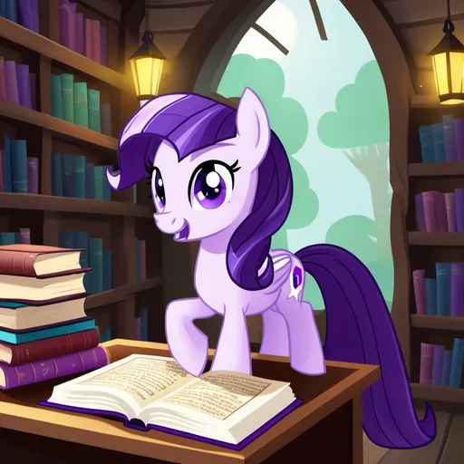 Prompt: Amethyst Freedom studying a magical spell book, her library filled with books in Ponyville.