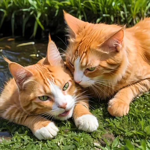 Prompt: Two orange-haired cats lie on the grass next to the stream and rub their faces against each other.