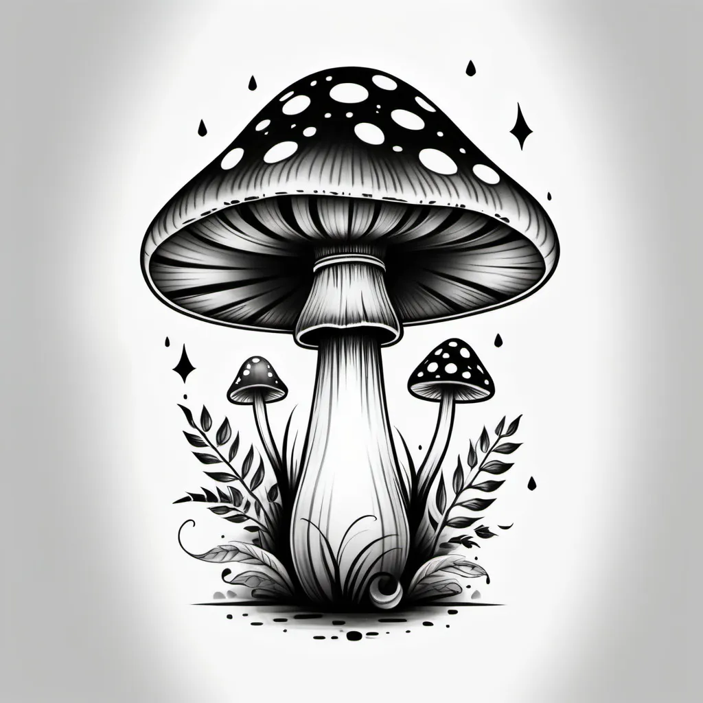 Prompt: boho mushroom tattoo design black and white