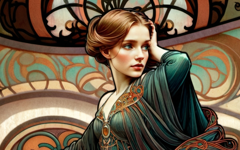 Prompt: Alphonse Mucha Style, art nouveau illustration of a full body woman, thick lines, intricate details, beautiful colors