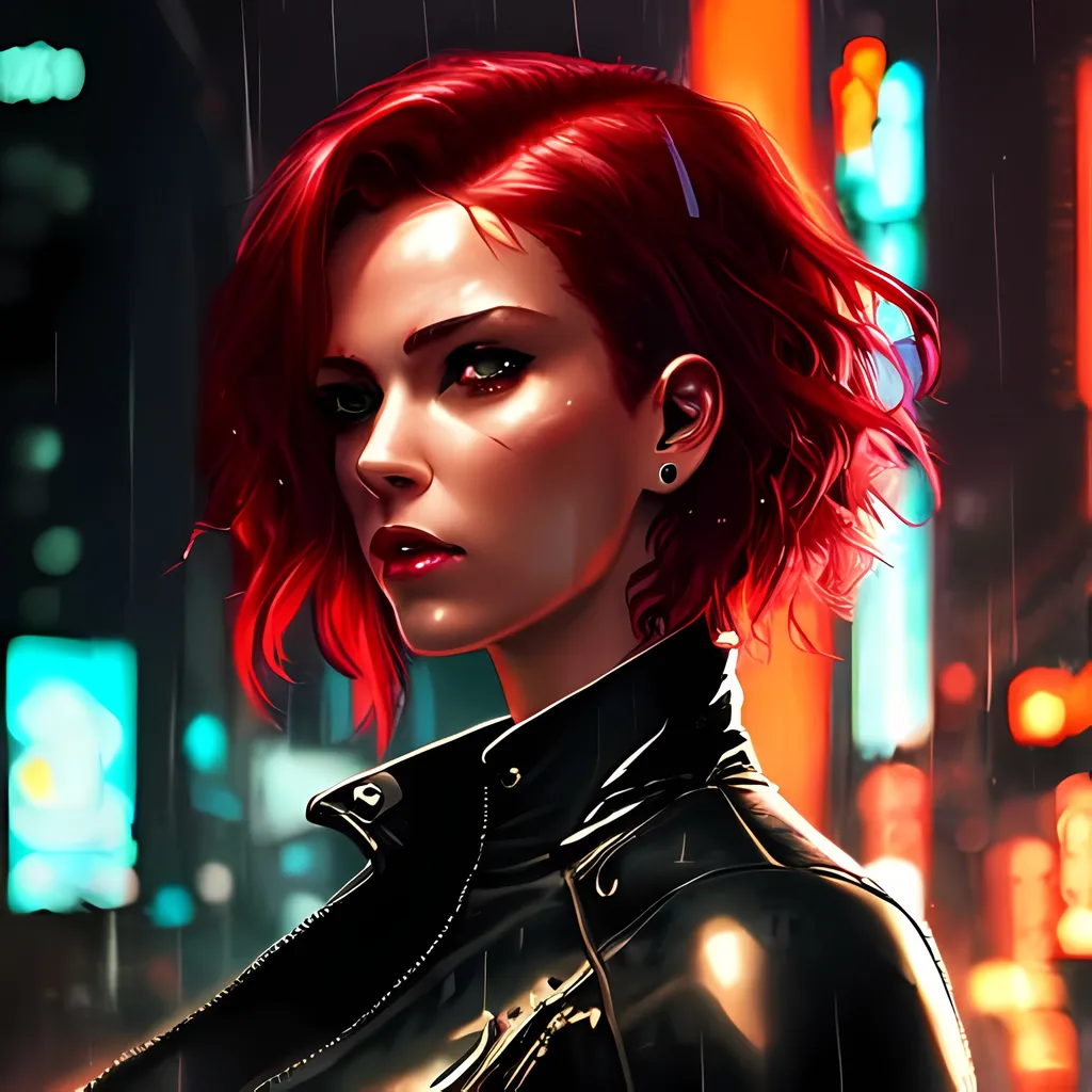 Prompt: Cyberpunk setting, night, raining, girl, dark red hair, wavy short hair, '69 Mustang, elegant, highly detailed, digital painting, cinematic photography, blacklighting, hyperrealistic, perfect face, 